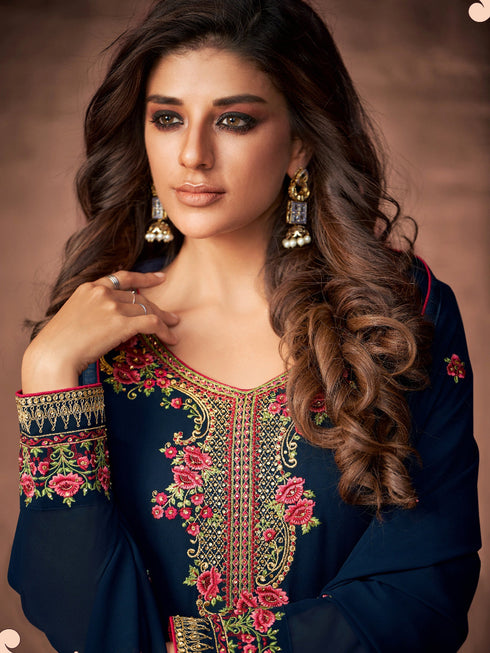 Navy Blue Georgette Pant Suit 159819 Closure View