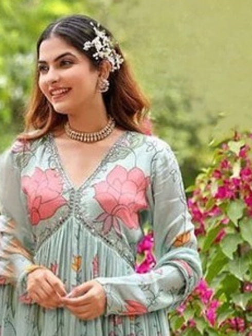 Sky Georgette Anarkali Dress 184363 Closure View