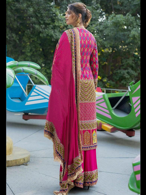 Pink Heavy Muslin Print Palazzo Suit 186384 Back View