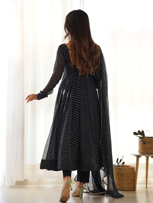 Black Heavy Faux Georgette Leheriya Print With Micro Cotton Inner Anarkali Dress 187722 Salwar Kameez