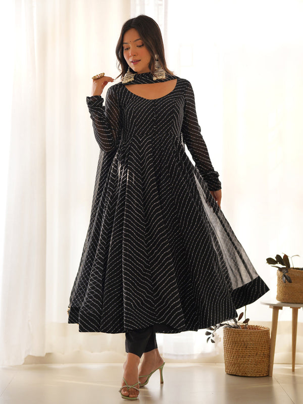 Black Heavy Faux Georgette Leheriya Print With Micro Cotton Inner Anarkali Dress 187722
