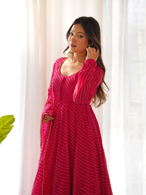 Rani Pink Heavy Faux Georgette Leheriya Print With Micro Cotton Inner Anarkali Dress 187723 Closure View