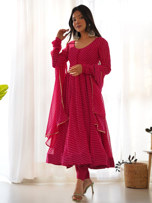 Rani Pink Heavy Faux Georgette Leheriya Print With Micro Cotton Inner Anarkali Dress 187723 Back View