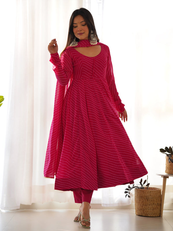 Rani Pink Heavy Faux Georgette Leheriya Print With Micro Cotton Inner Anarkali Dress 187723