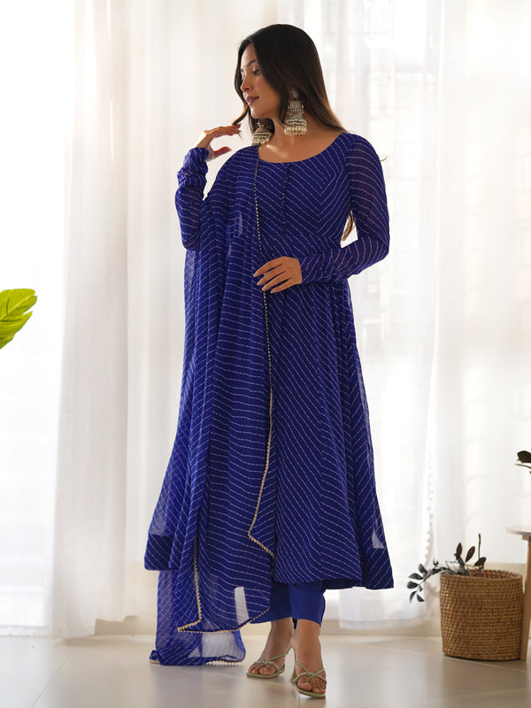 Royal Blue Heavy Faux Georgette Leheriya Print With Micro Cotton Inner Anarkali Dress 187724