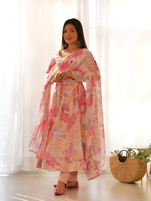 Peach Pink Heavy Faux Georgette Floral Print With Micro Cotton Inner Anarkali Dress 187725 Back View