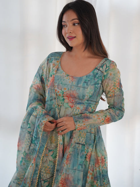 Multi Color Green Heavy Pure Soft Organza Silk With Micro Cotton Inner Anarkali Dress 187726 Closure View