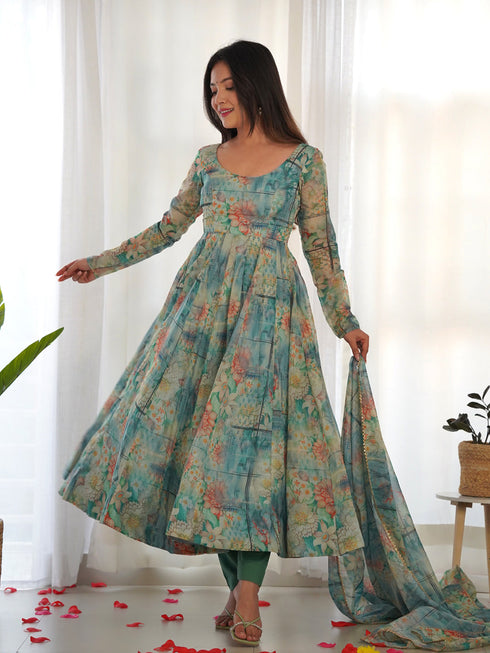 Multi Color Green Heavy Pure Soft Organza Silk With Micro Cotton Inner Anarkali Dress 187726 Salwar Kameez