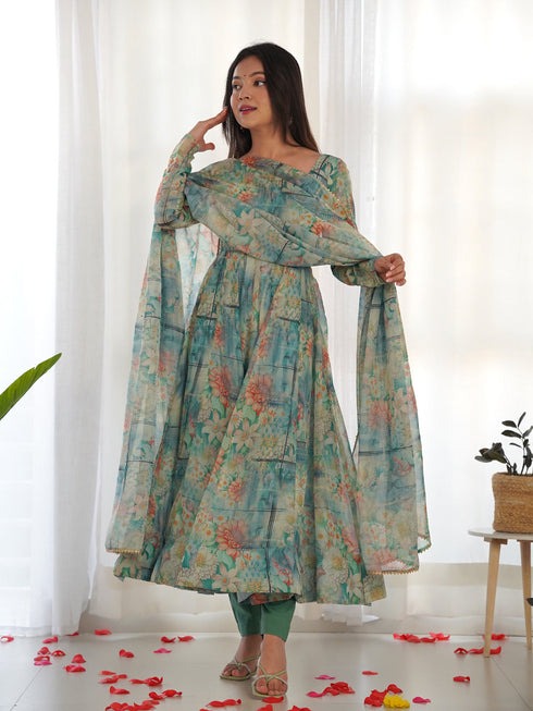 Multi Color Green Heavy Pure Soft Organza Silk With Micro Cotton Inner Anarkali Dress 187726