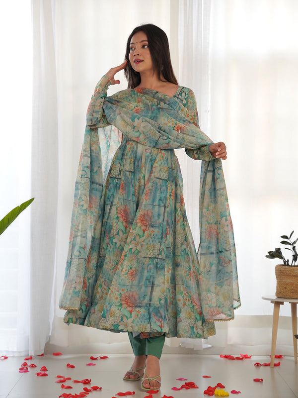 Multi Color Green Heavy Pure Soft Organza Silk With Micro Cotton Inner Anarkali Dress 187726