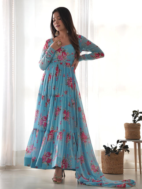 Multi Color Blue Heavy Faux Georgette Floral Print With Micro Cotton Inner Anarkali Dress 187727 Back View
