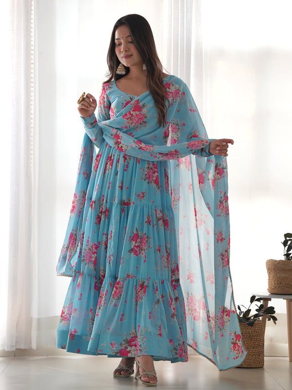 Multi Color Blue Heavy Faux Georgette Floral Print With Micro Cotton Inner Anarkali Dress 187727
