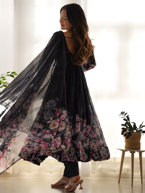 Black Heavy Pure Soft Organza Silk Print With Micro Cotton Inner Anarkali Dress 187866 Salwar Kameez