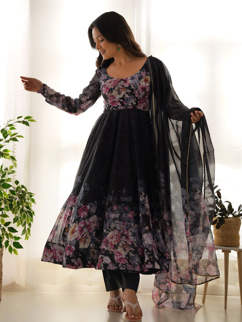 Black Heavy Pure Soft Organza Silk Print With Micro Cotton Inner Anarkali Dress 187866