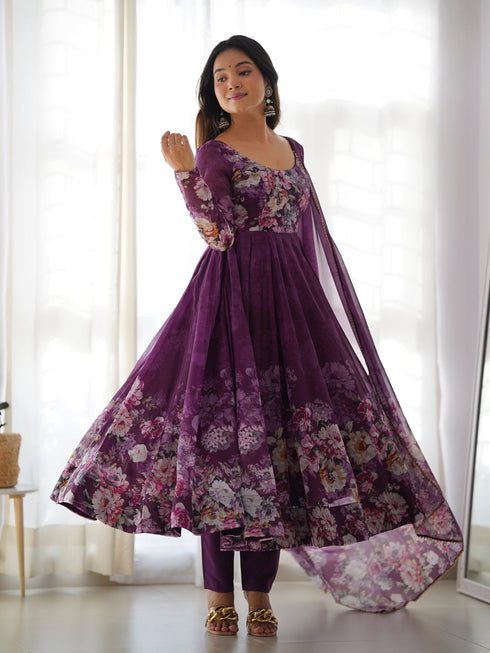 Wine Heavy Pure Soft Organza Silk Print With Micro Cotton Inner Anarkali Dress 187869 Back View