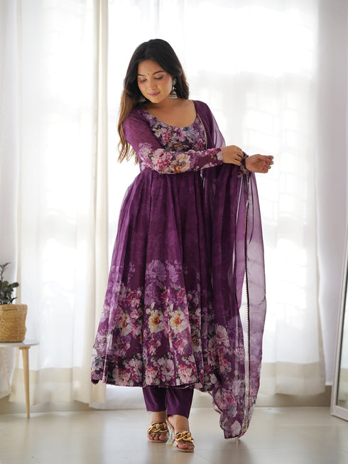 Wine Heavy Pure Soft Organza Silk Print With Micro Cotton Inner Anarkali Dress 187869 Salwar Kameez