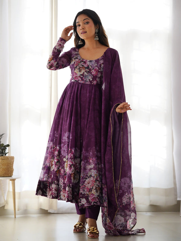 Wine Heavy Pure Soft Organza Silk Print With Micro Cotton Inner Anarkali Dress 187869