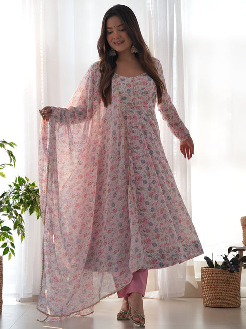 Pink Heavy Chiffon Floral Print With Micro Cotton Inner Anarkali Dress 187870 Back View