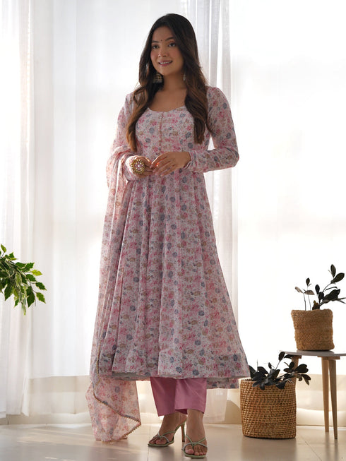 Pink Heavy Chiffon Floral Print With Micro Cotton Inner Anarkali Dress 187870 Salwar Kameez