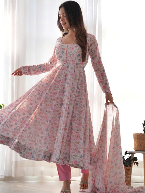 Pink Heavy Chiffon Floral Print With Micro Cotton Inner Anarkali Dress 187870