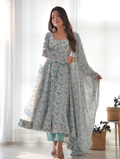 Sky Heavy Chiffon Floral Print With Micro Cotton Inner Anarkali Dress 187871