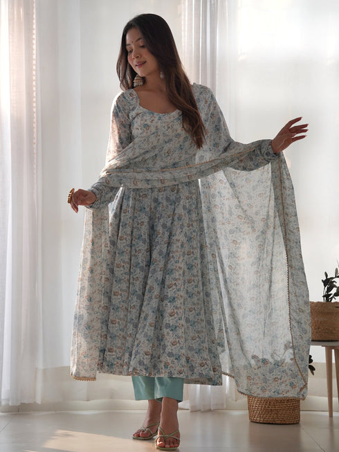Sky Heavy Chiffon Floral Print With Micro Cotton Inner Anarkali Dress 187871 Salwar Kameez