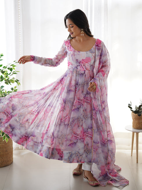 Green Heavy Faux Georgette Leheriya Print With Micro Cotton Inner Anarkali Dress 187873 Back View