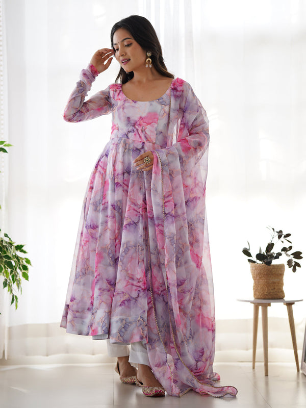 Multi Color Heavy Pure Soft Organza Silk Print With Micro Cotton Inner Anarkali Dress 187872