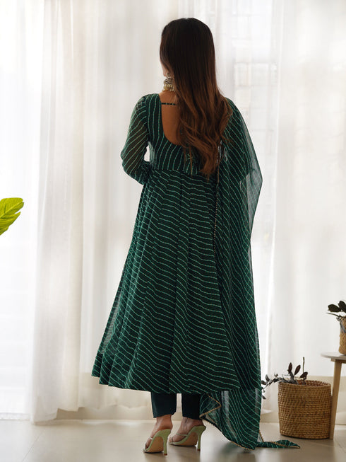 Green Heavy Faux Georgette Leheriya Print With Micro Cotton Inner Anarkali Dress 187873 Salwar Kameez