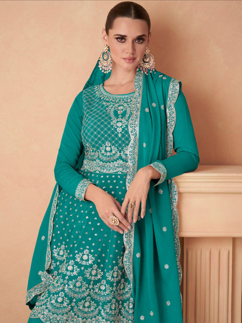 Sky Blue Chinon Silk Sharara Suit 189106 Closure View