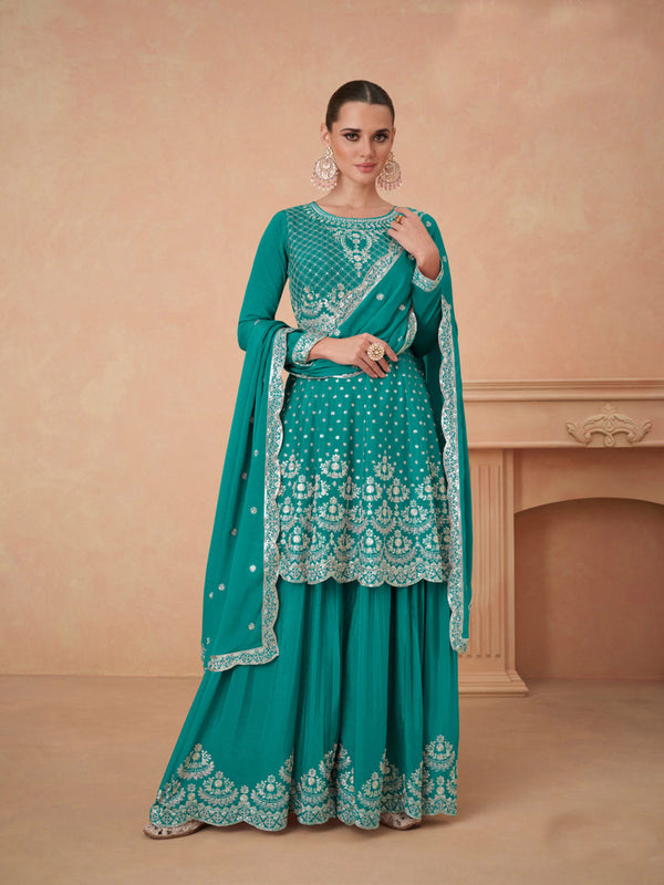 Sky Blue Chinon Silk Sharara Suit 189106