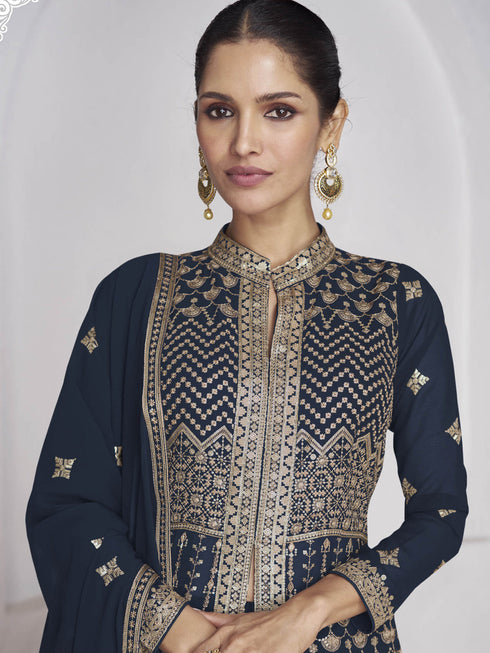 Navy Blue Real Georgette Sharara Suit 189109 Closure View