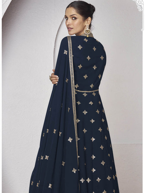 Navy Blue Real Georgette Sharara Suit 189109 Back View
