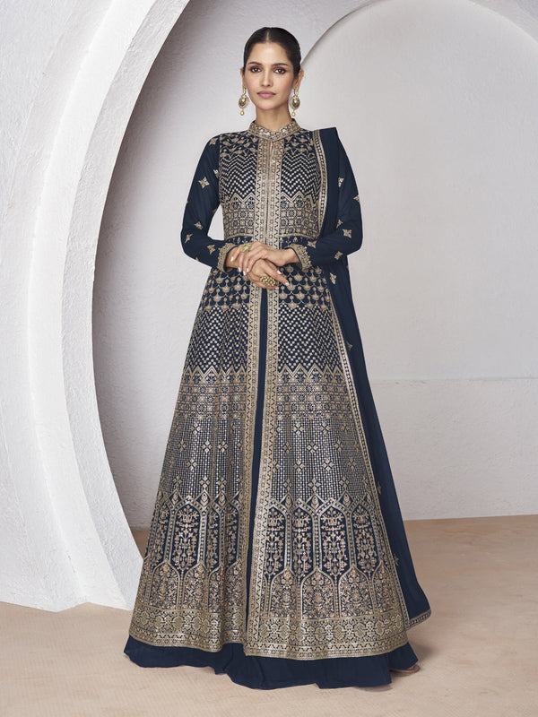 Navy Blue Real Georgette Sharara Suit 189109