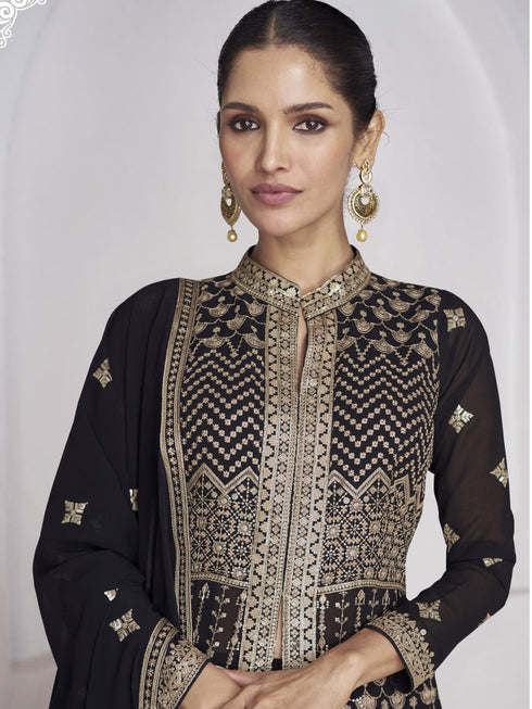 Black Real Georgette Sharara Suit 189112 Closure View