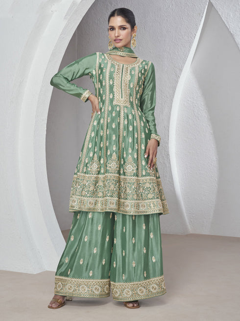 Green Chinon Silk Sharara Suit 189120