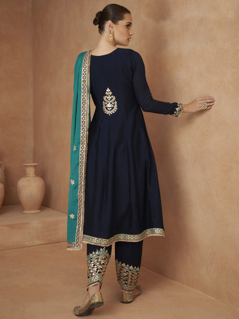 Dark Blue Chinon Silk Pant Suit 189129 Back View