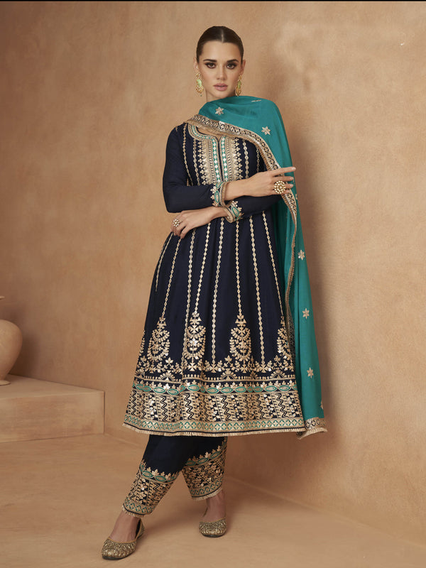 Dark Blue Chinon Silk Pant Suit 189129