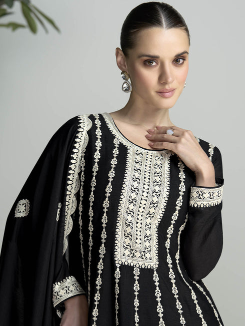 Black Chinon Silk Sharara Suit 189130 Closure View