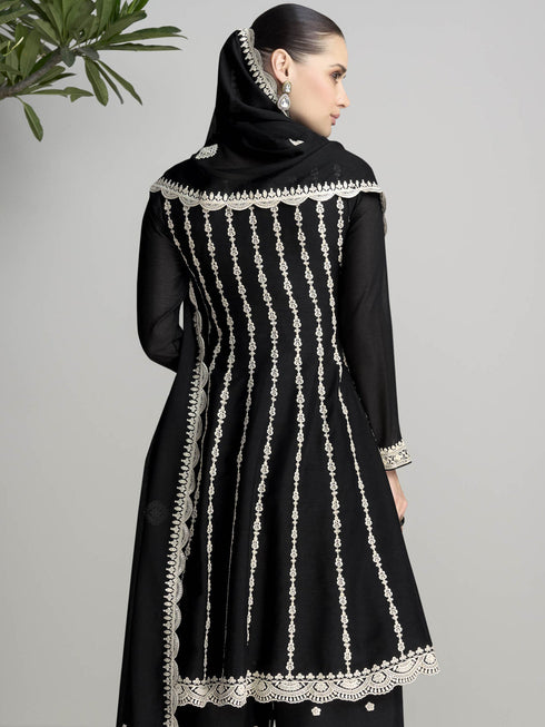 Black Chinon Silk Sharara Suit 189130 Back View