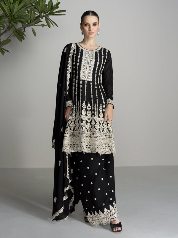 Black Chinon Silk Sharara Suit 189130