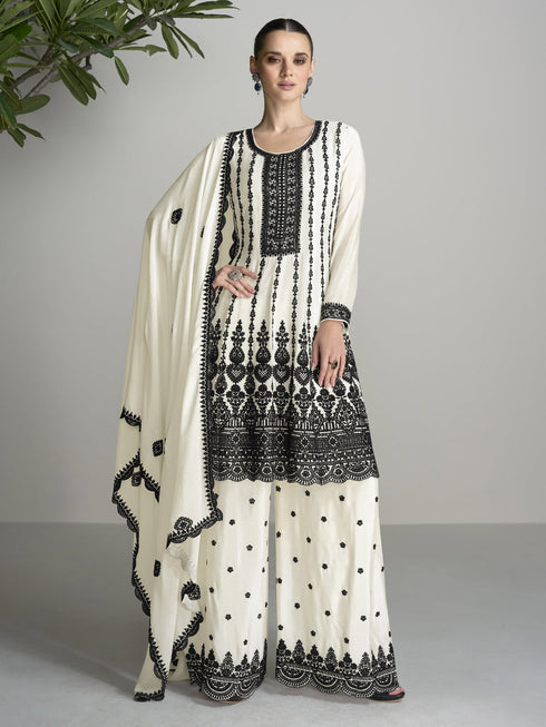 Off White Chinon Silk Sharara Suit 189131