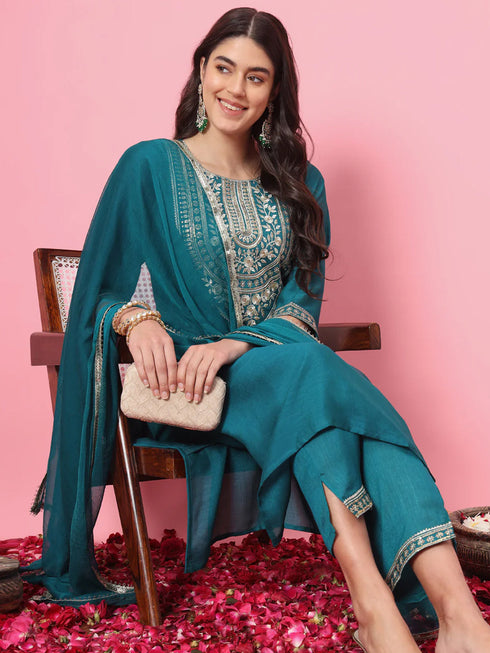 Teal Blue Silk Blend Pant Suit