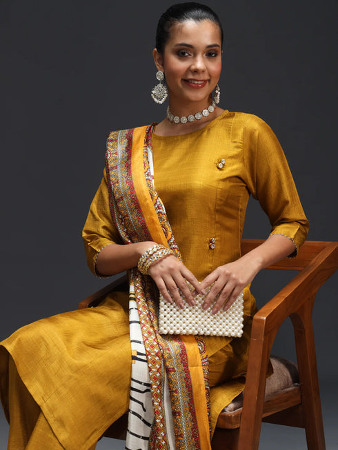 Yellow Cotton Silk Blend Pant Suit 189448 Closure View