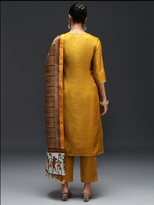Yellow Cotton Silk Blend Pant Suit 189448 Back View