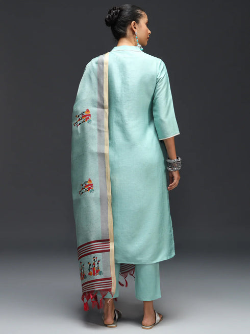 Sky Blue Cotton Silk Blend Pant Suit 189450 Back View