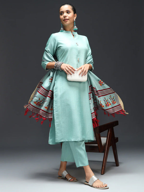 Sky Blue Cotton Silk Blend Pant Suit 189450