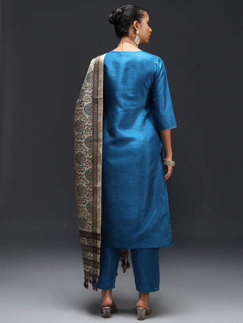 Blue Cotton Silk Blend Pant Suit 189451 Back View