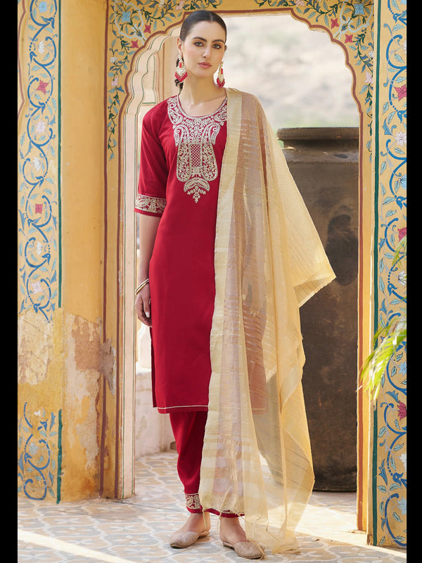 Red Viscose Rayon Pant Suit 189454