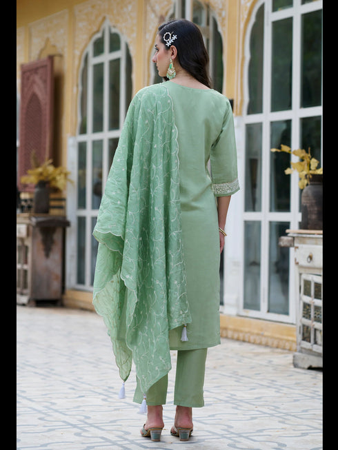 Olive Green Silk Blend Pant Suit 189461 Back View